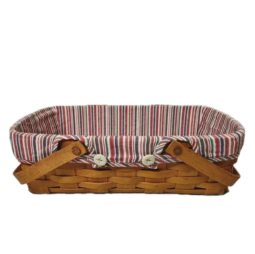 Vtg 90s Longaberger Med Gathering Basket Double Handle Nautical Striped Liner